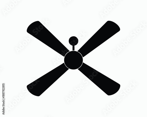 Black Silhouette of a Four- Blade Ceiling Fan on White Background appliance home
