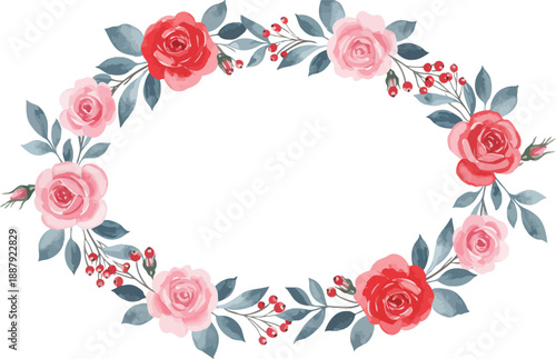 Watercolor floral wreath with pink roses and green leaves on white