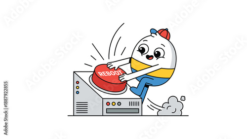 Reboot Button Mascot Pushing Power, Cartoon Style Illustration