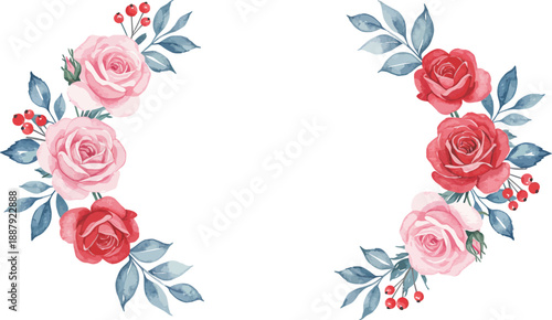 Watercolor floral border with pink and red roses and green leaves
