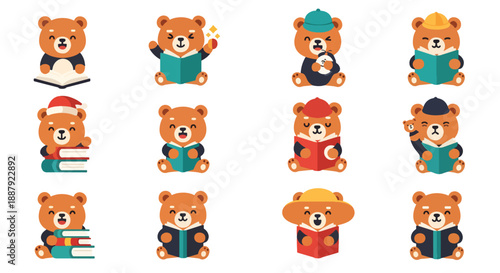Collection Of Cute Bear Characters Reading Books