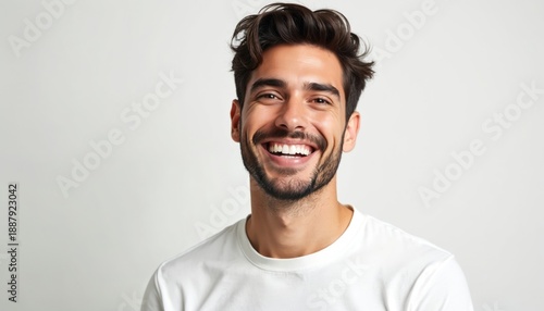 Young man with dark hair and beard laughs heartily, showing perfect white teeth. He wears a casual white t-shirt against a plain light backdrop. Portrait captures genuine joy and confidence.