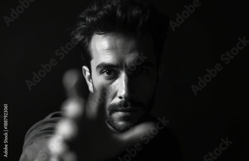 Black, white portrait of man with intense gaze in dark setting. Face partially illuminated creating dramatic shadows. One hand extended forward blurred foreground suggesting reach warning.
