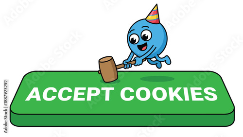 Accept Cookies Concept: Cartoon Octopus Crushing Button with Hammer
