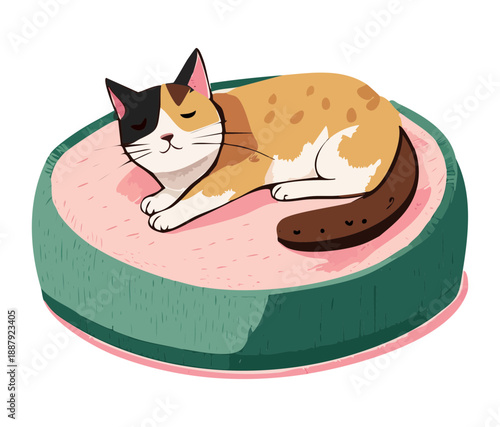 Calico kitten animal with black and orange spots sleeping on a soft pink round pillow