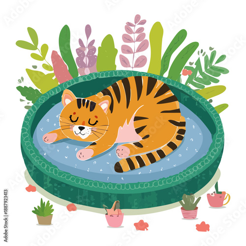 Tiger striped cat animal resting peacefully in a dark green bed surrounded by garden plants