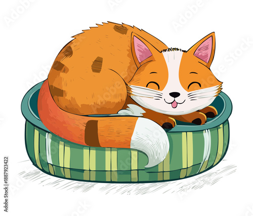 Large ginger fox like cat animal sleeping deeply in a green and white striped pet cushion