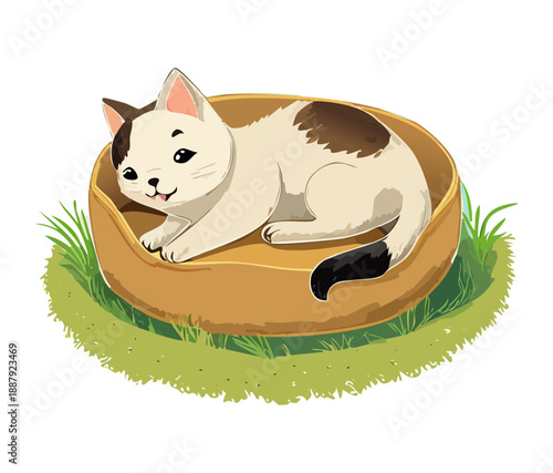 Adorable spotted kitten animal sleeping soundly in a yellow round bed with its head resting