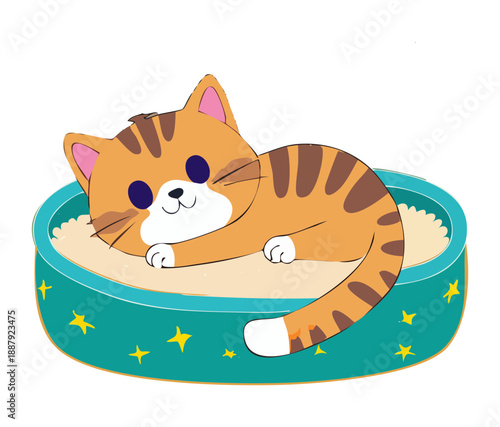 Playful ginger kitten animal laying down on a blue striped cushion for a quick afternoon nap