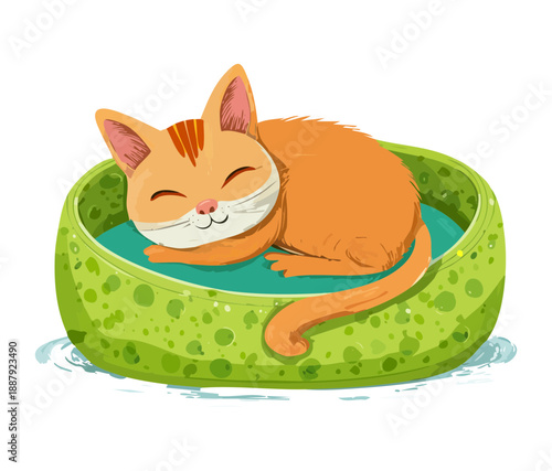 Smiling orange tabby cat animal curled up inside a lime green round pet bed for rest
