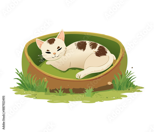 White and brown spotted cat animal dreaming inside a green cozy pet bed with high edges