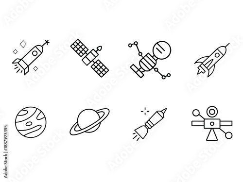 Line icon set of orbit, planet, satellite, orbit path, astronaut, moon, rocket, telescope, star, space station, meteor, gravity field