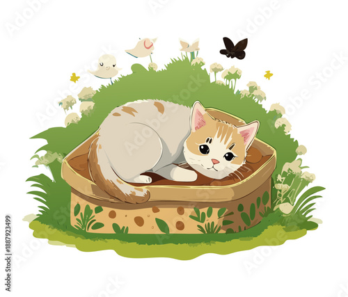 Small kitten animal sleeping in a wicker basket placed on green grass with butterflies flying