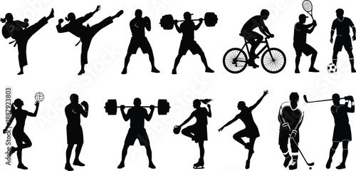 Athlete silhouettes performing multiple sports activities, fitness training and competition poses, healthy lifestyle concept, strength, motion, teamwork