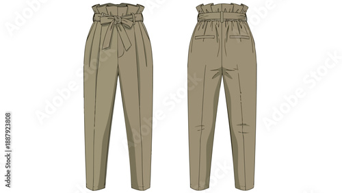Detailed flat sketch of women's trendy paper bag waist trousers with a cinched belt