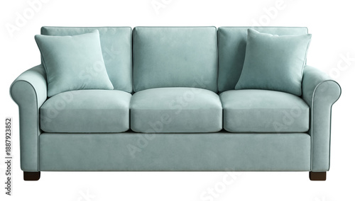 Front view of a three seater light blue fabric sofa with two matching throw pillows on a white background