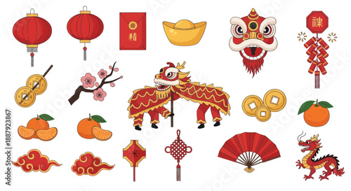 Chinese New Year Celebration Elements Collection: Lanterns, Dragon Dance, Firecrackers, Fortune