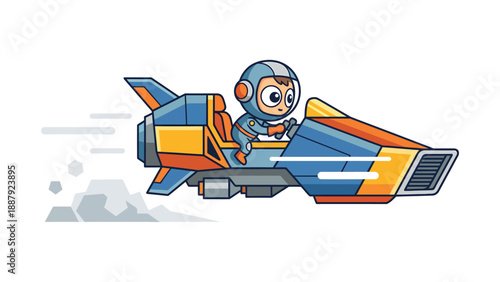 Cartoon Astronaut Flying Spaceship Illustration