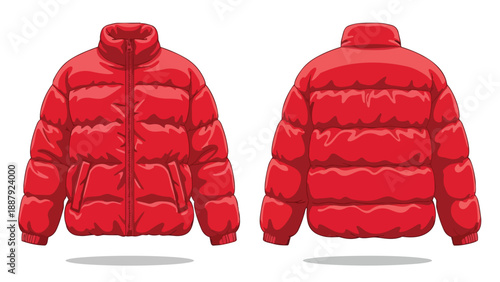 Vibrant red puffer jacket illustration presenting front and back views. Modern winter fashion outerwear vector graphic design for clothing and