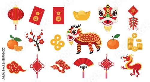 Chinese New Year Festive Elements: Dragon, Lantern, Red Envelopes, Oranges, Firecrackers, Fan, Coins