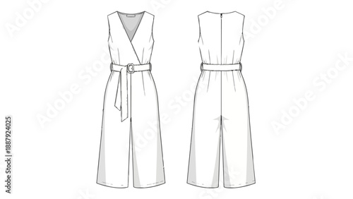 Technical flat drawing of a women's sleeveless jumpsuit with wrap V-neck, belted waist, wide cropped legs. Essential for modern fashion design and