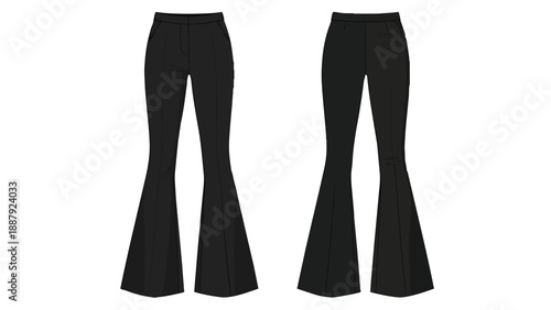 Contemporary black flared trousers technical illustration showcasing a sleek minimalist fashion apparel design template for stylish women's clothing