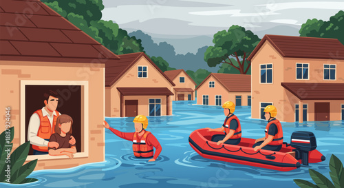 Flood rescue operation vector illustration showing people in a boat saving residents from submerged houses during a natural disaster