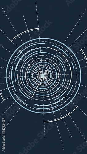 Complex geometric blueprint pattern with radial lines and circle arcs