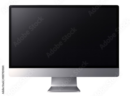 Front view of a modern silver computer monitor with a blank black screen