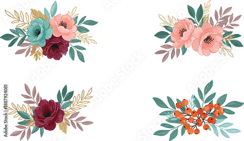 Four watercolor floral bouquet arrangements with colorful flowers and leaves