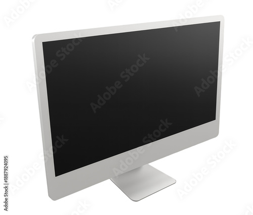 Side-angle view of a sleek, silver computer monitor with a blank black screen