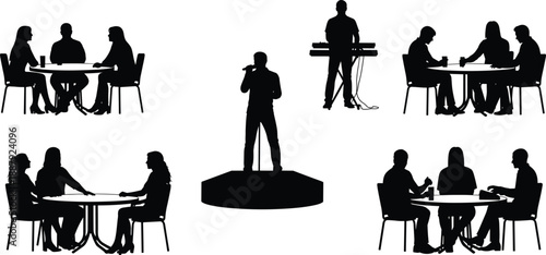 Business meeting silhouettes showing people discussing at tables and presenter speaking on stage, isolated scene representing teamwork, communication, leadership, conference, training