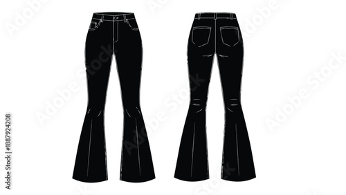 Elegant flared trousers design blueprint featuring front and back views for fashion illustration and apparel development contemporary garment