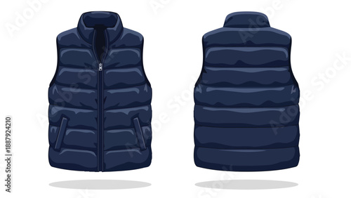 Versatile navy blue padded vest presented in crisp front and back views ideal for winter layering and casual fashion illustrations or modern apparel