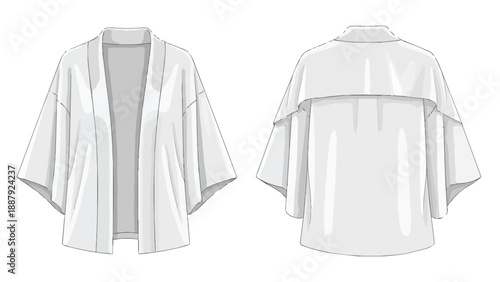 Detailed technical fashion illustration showing a modern relaxed-fit open-front kimono cardigan with wide sleeves and a distinct back yoke for