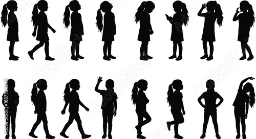 Child silhouettes in different standing and walking poses, playful body language collection, childhood activities, daily life, growth, behavior