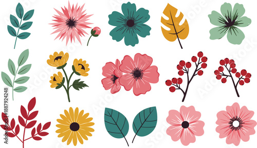 Collection of colorful flowers and leaves on white background