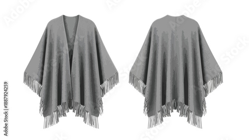 Elegant Gray Knitted Poncho with Fringe Detail Front and Back View on White Background Modern Fashion Apparel Item Versatile Autumn Winter Outerwear