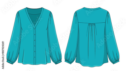 Technical fashion flat sketch of a women's long-sleeve blouse in vibrant teal. Front and back views with detailed puff sleeves and button-down front.