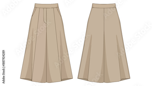 Technical fashion flat illustration of elegant wide-leg beige culottes offering front and back views for versatile apparel design templates perfect