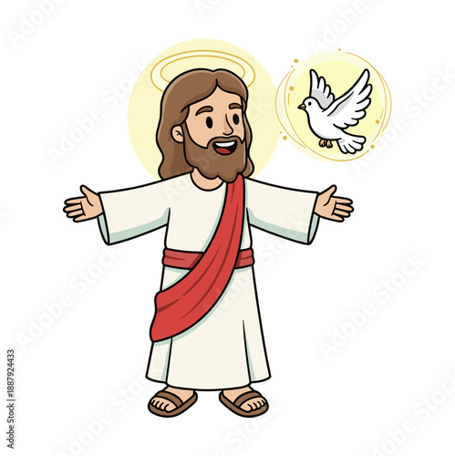 Cute Cartoon Jesus Christ with Holy Spirit Dove Religious Illustration for Kids Bible Stories and Education