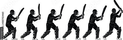 Cricket batsman silhouettes playing shot sequence, batting action and sports motion concept, professional cricket training, athletic performance