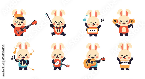 Musical Bunnies With Instruments Vector Set