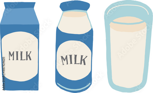 牛乳パック、牛乳瓶、グラスに入った牛乳のイラストセット