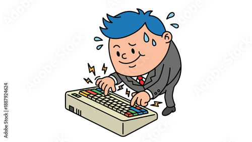 Cartoon Man Stressed Typing on Old Computer Keyboard