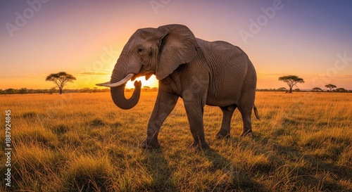 Majestic elephant roaming freely in savannah at sunset with acacia trees