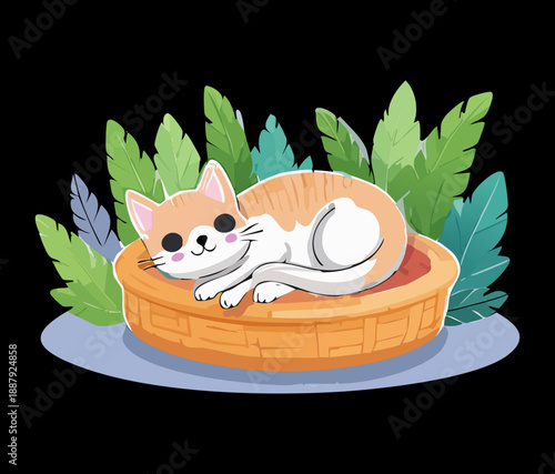 White kitten cat animal sleeping in orange basket bed with large green tropical leaves