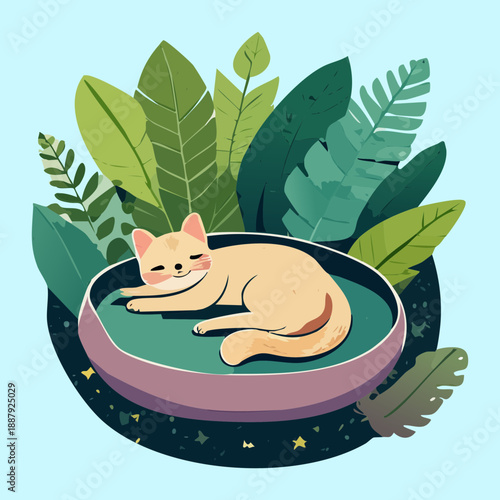Cream cat animal sleeping in dark green basket with lush tropical leaves behind it