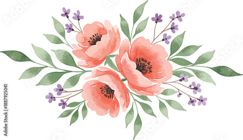 Watercolor illustration of pink poppies and purple flowers with green leaves