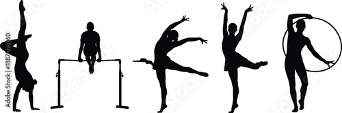 Gymnast silhouettes performing artistic and rhythmic gymnastics poses, athletic balance and flexibility, strength training concept, sport movement, fitness